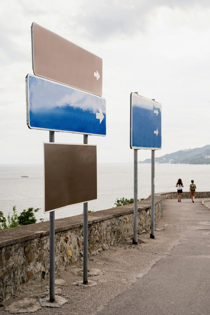 Blank blue and brown street signs along the seaside road